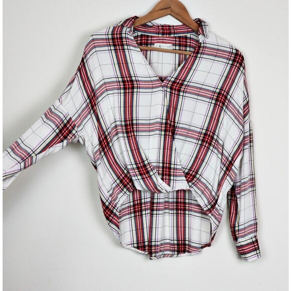 Lou and Grey Size XS V Neck Surplice Wrap Blouse Plaid White Red - Picture 3 of 11